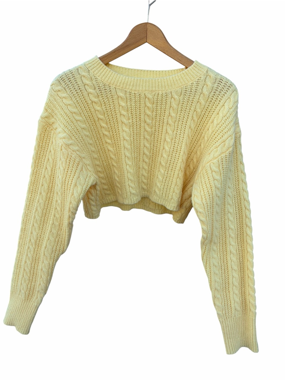 Cropped Cable Knit Crewneck Sweater in Yellow